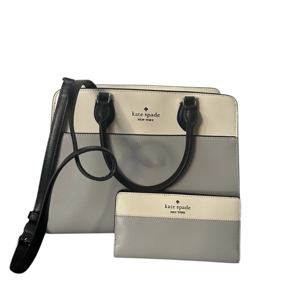 Kate Spade Madison Colorblock Medium Satchel & Wallet Set Platinum Grey Ivory - Picture 3 of 10